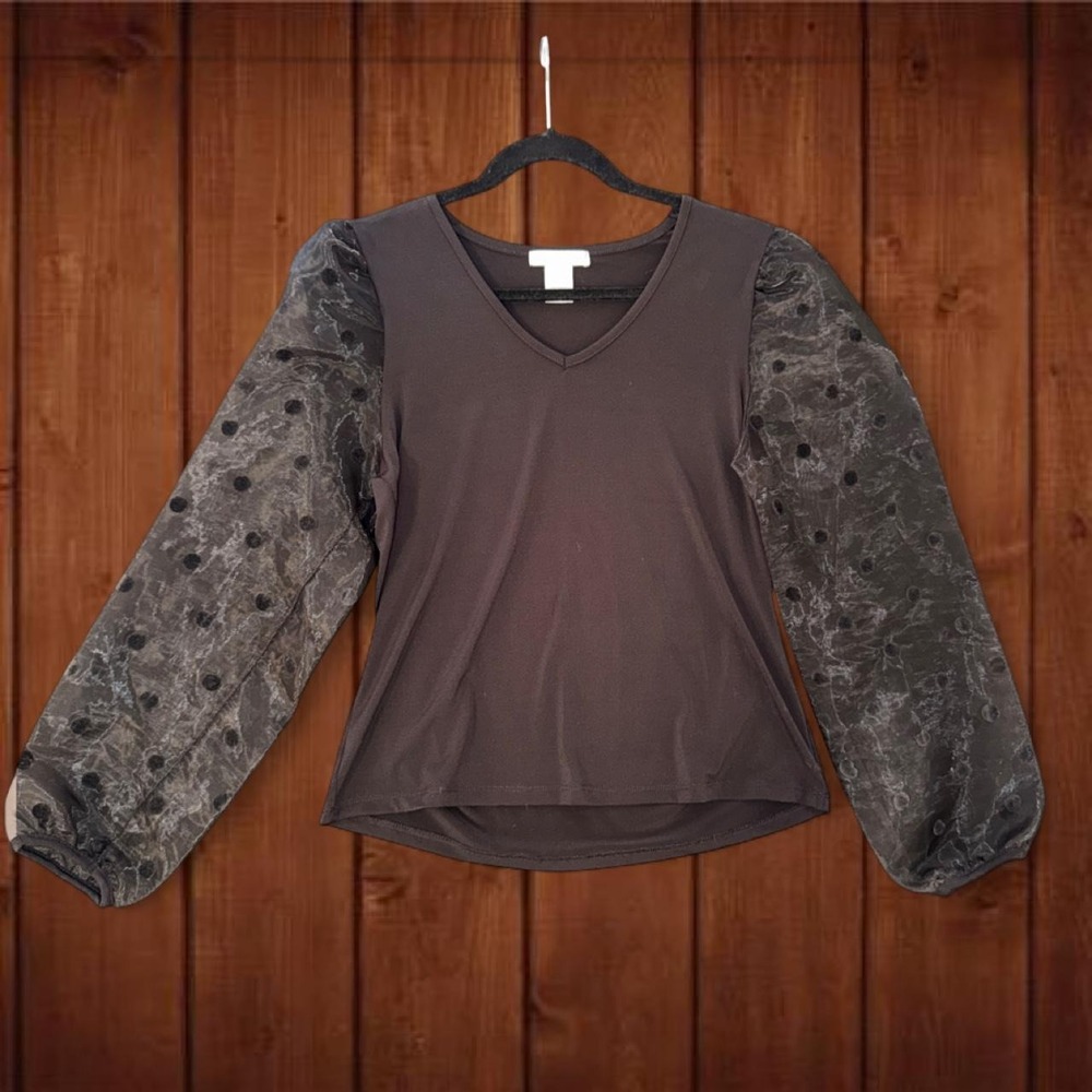 Design History Black Sheer Polka Dot Puff Sleeve Top Women's Medium
